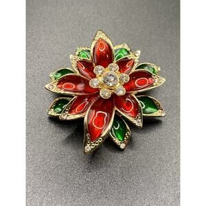 Vintage Monet Enamel Rhinestone Poinsettia Flower Brooch Christmas